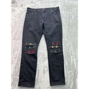 Pink Dolphin Jean Mens Sz 40x36 Black Straight Distressed Flannel Patch Grunge